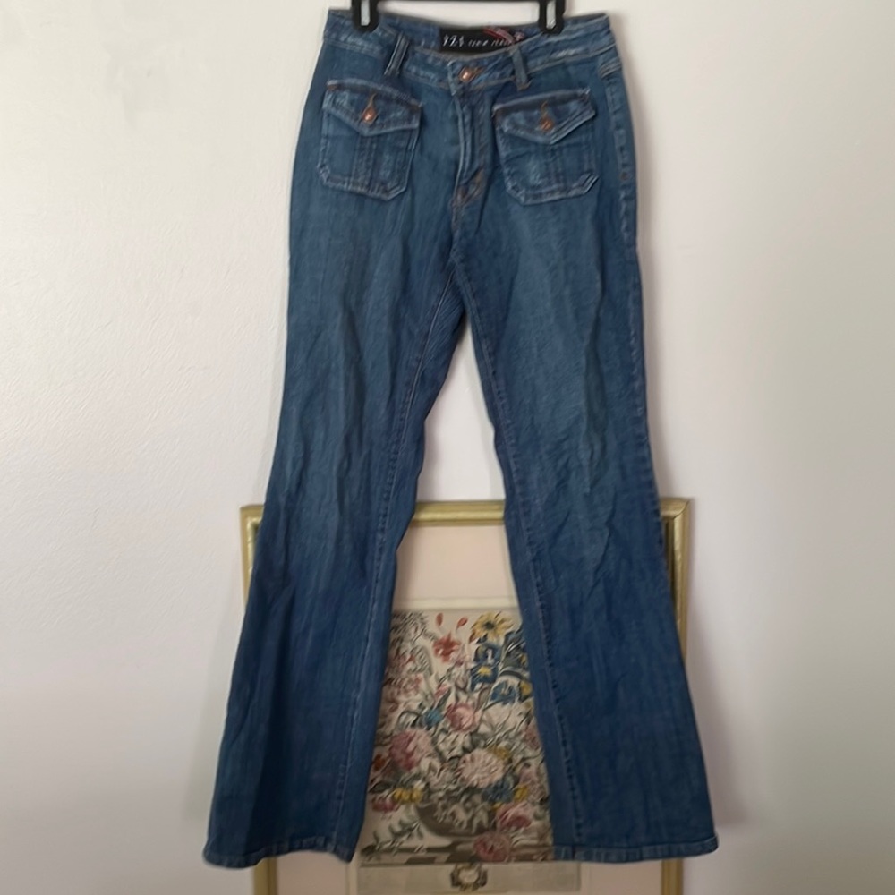 PZI denim jeans size 8 flare with cool distressing medium wash